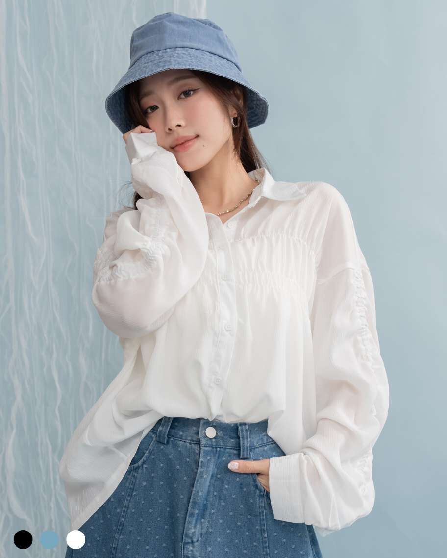 休閒抓皺坑條襯衫