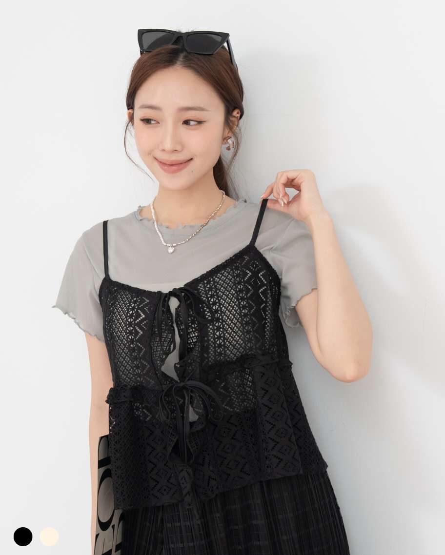 菱紋鏤空綁帶兩件式上衣