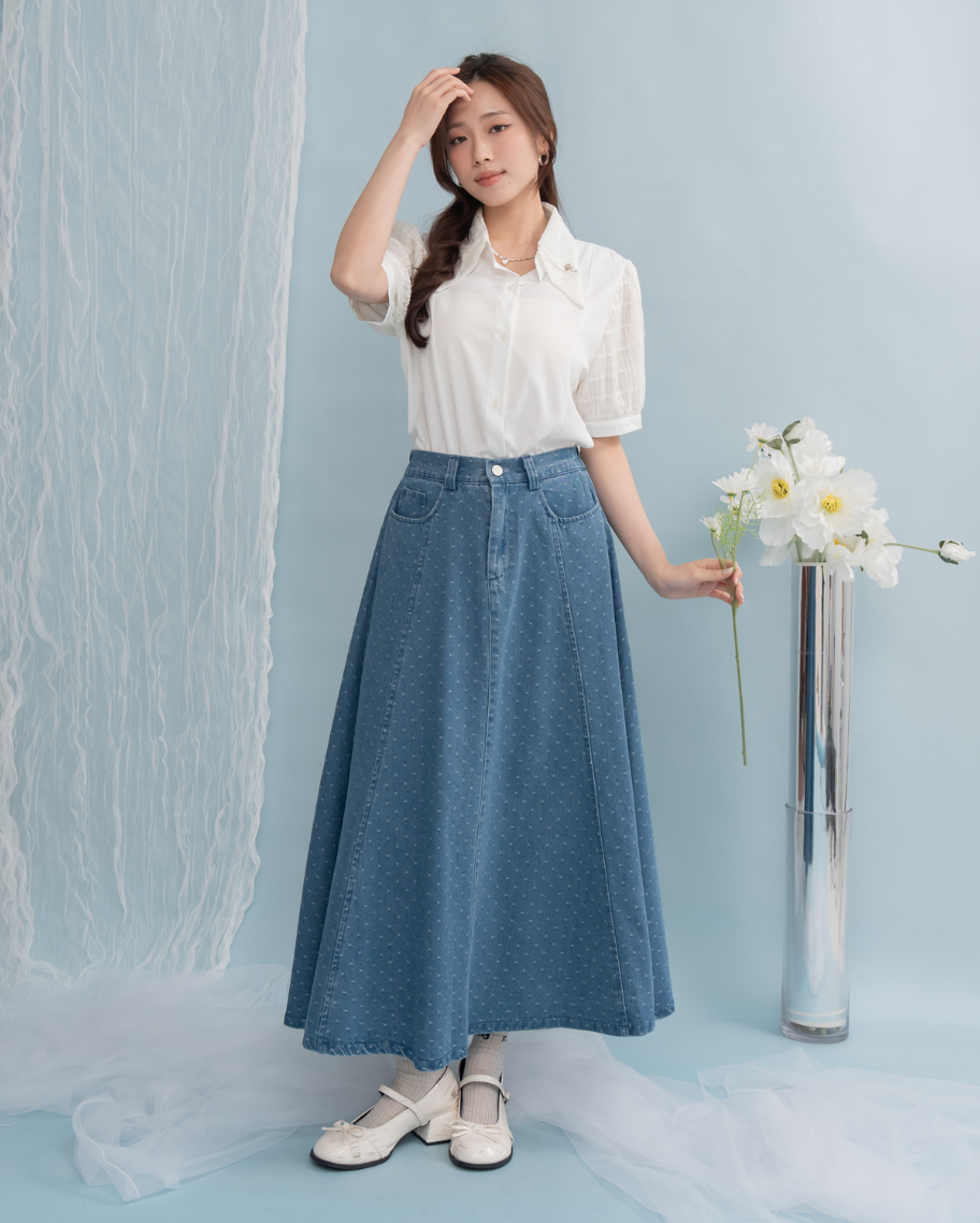 波點牛仔傘擺長裙