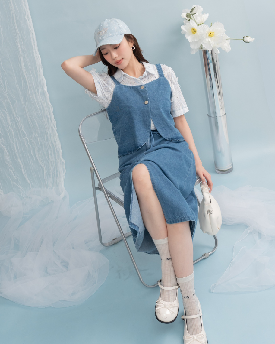 休閒牛仔背心抽繩長裙套裝