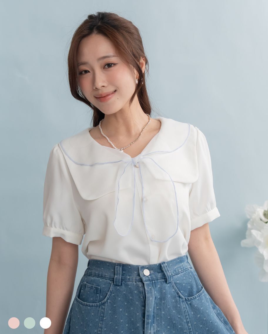 甜美透紗兔耳綁結雙層領上衣