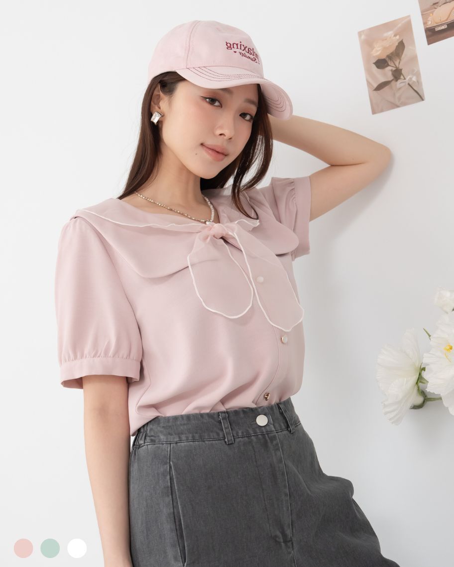 甜美透紗兔耳綁結雙層領上衣