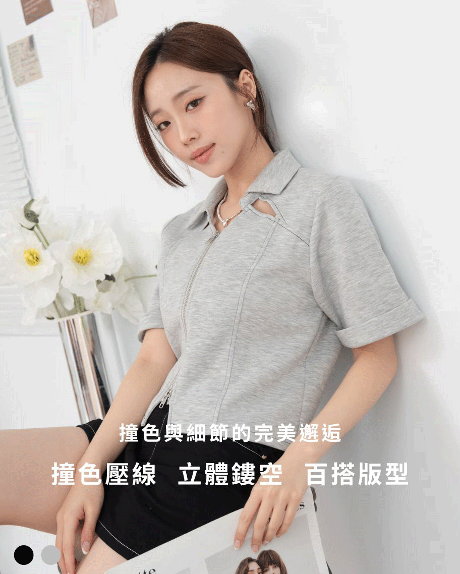 休閒鏤空撞色壓線上衣