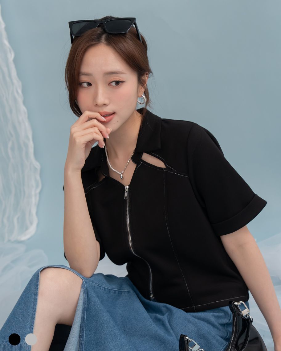 休閒鏤空撞色壓線上衣