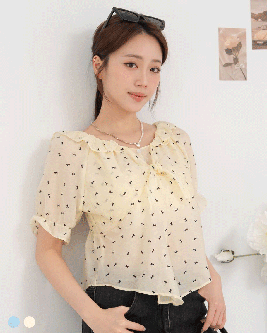 甜美波浪領透紗上衣