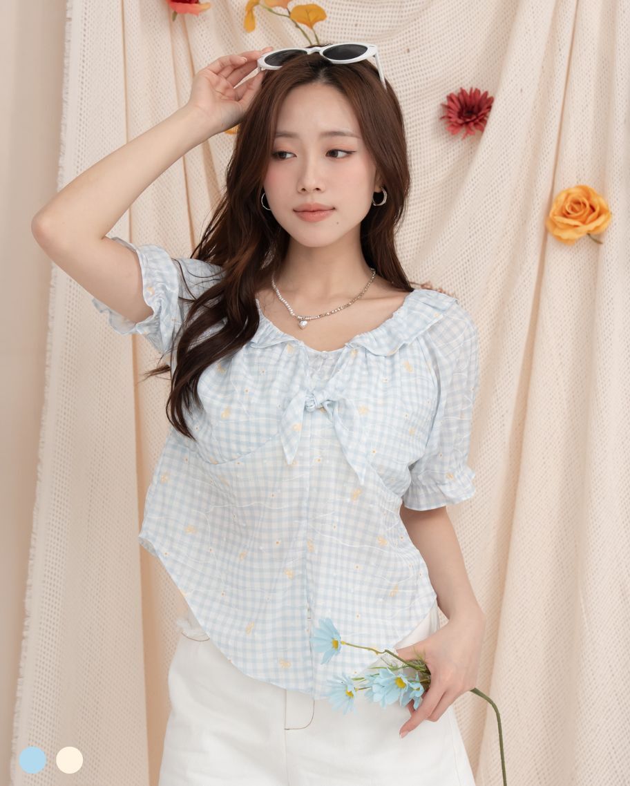 甜美波浪領透紗上衣