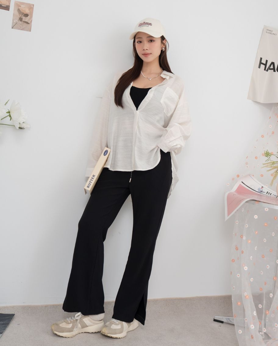 撞色腰開衩坑條喇叭褲