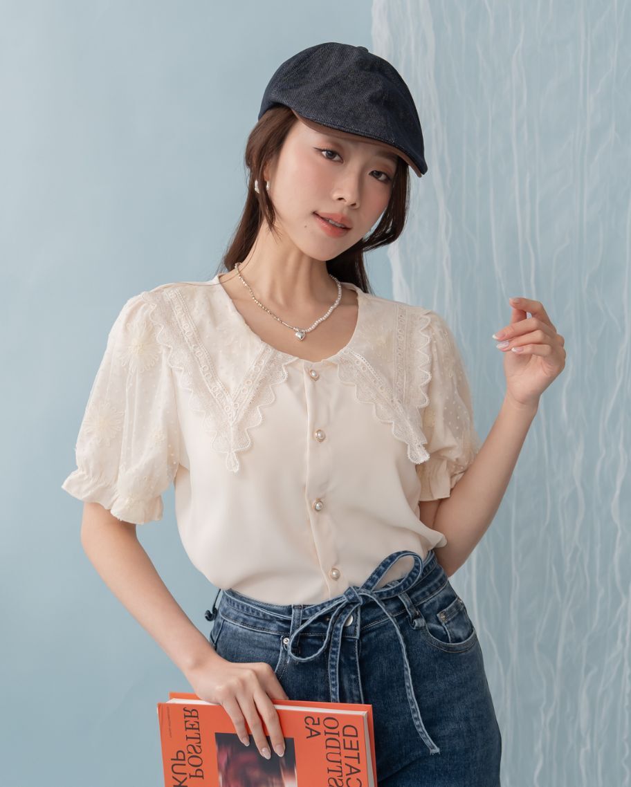 法式蕾絲花領珍珠釦上衣