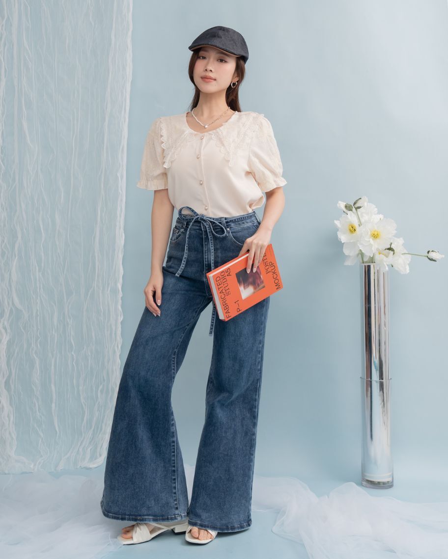 法式蕾絲花領珍珠釦上衣