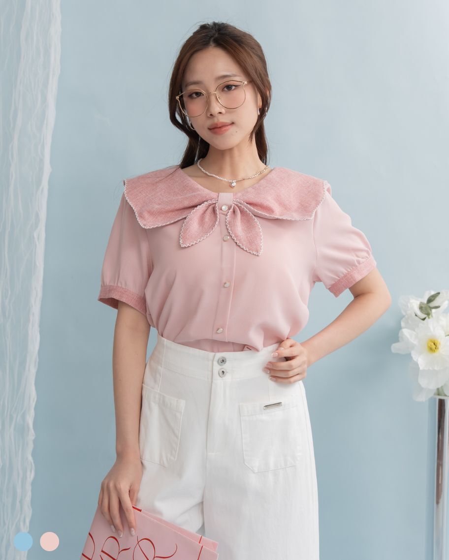 甜美蝴蝶結大翻領拼接上衣