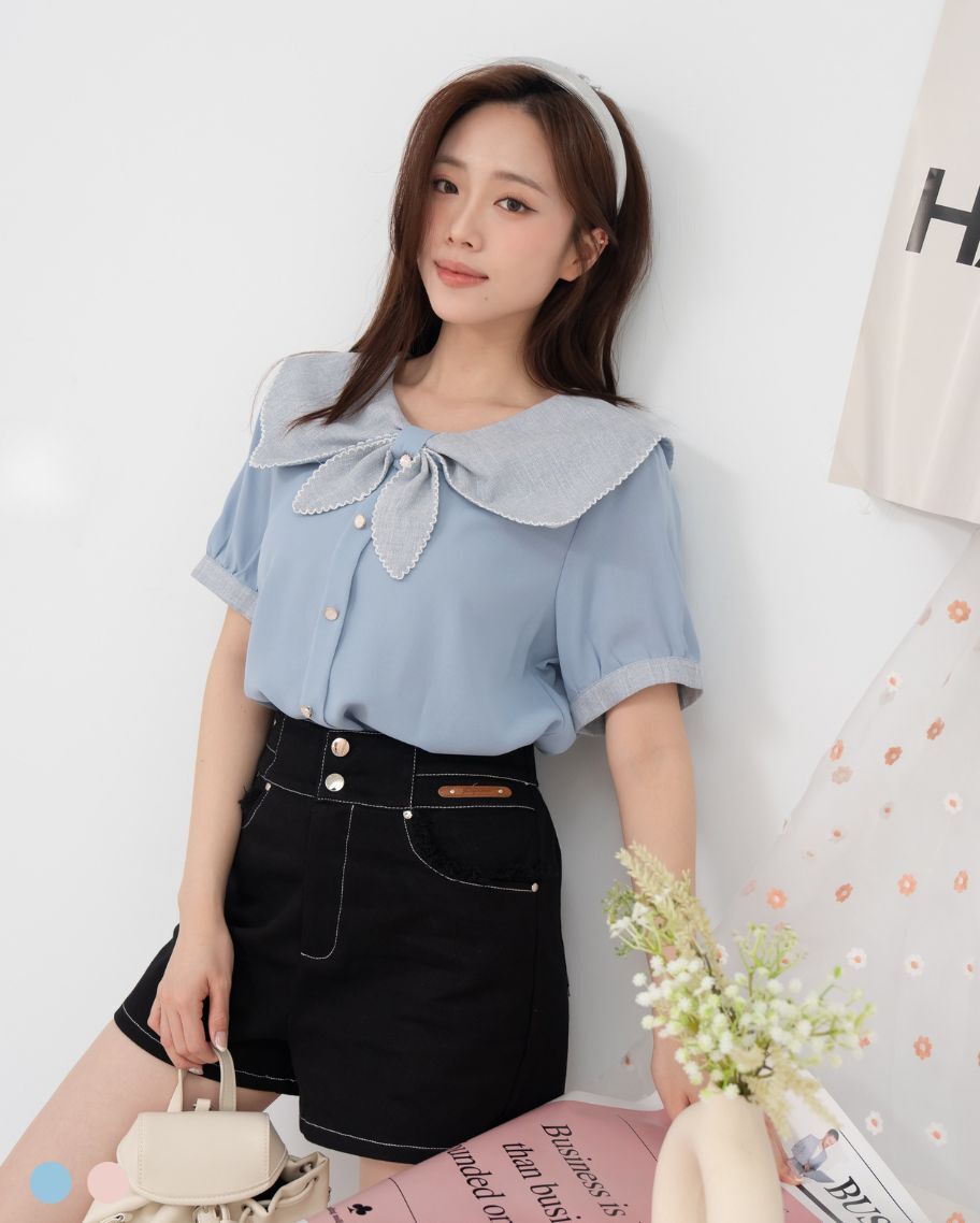 甜美蝴蝶結大翻領拼接上衣