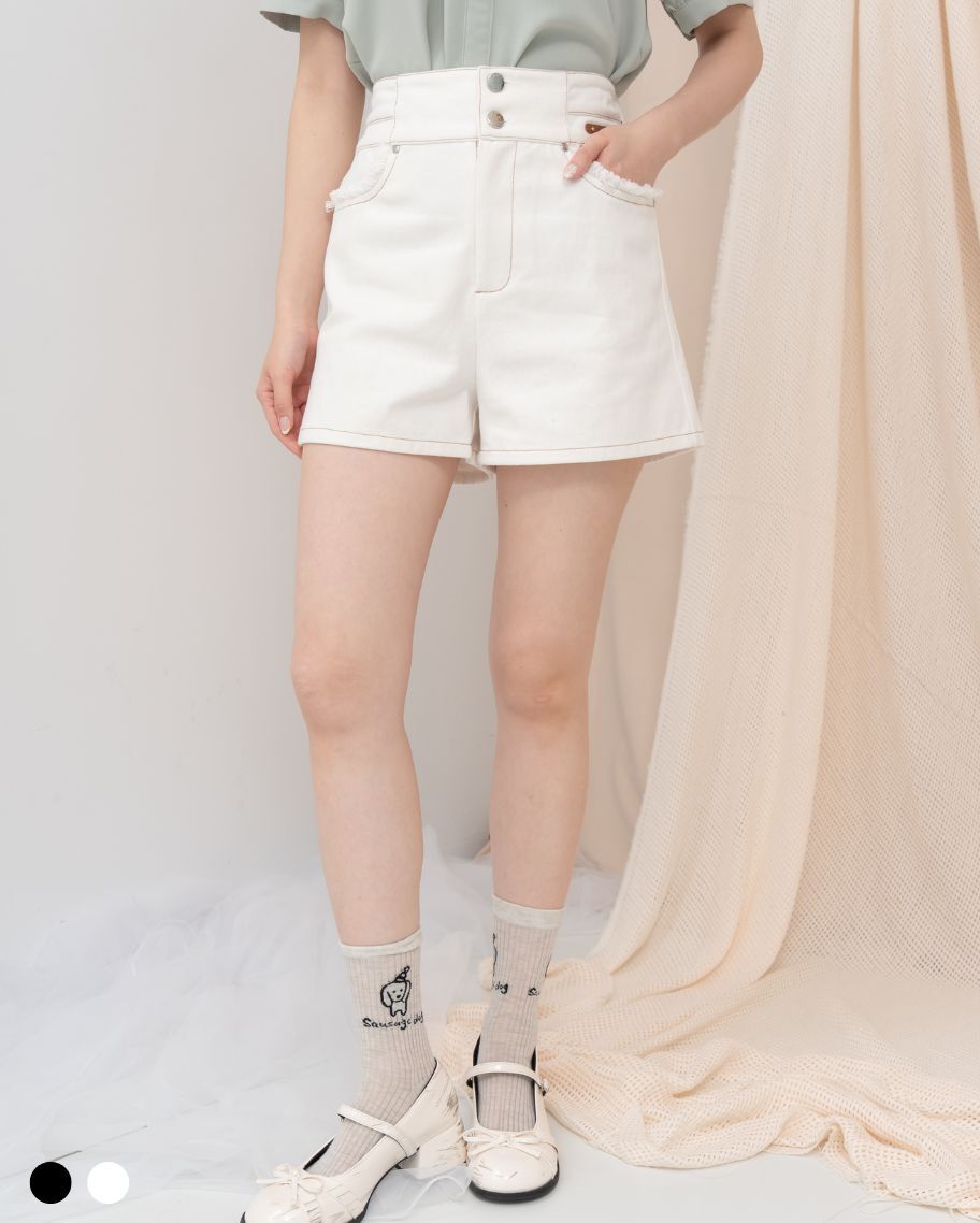 高腰重磅水洗口袋抽鬚短褲