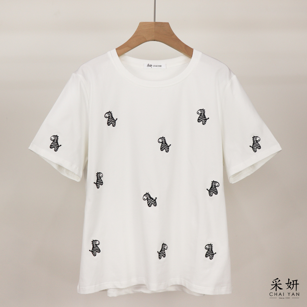 斑馬刺繡寬版短袖上衣