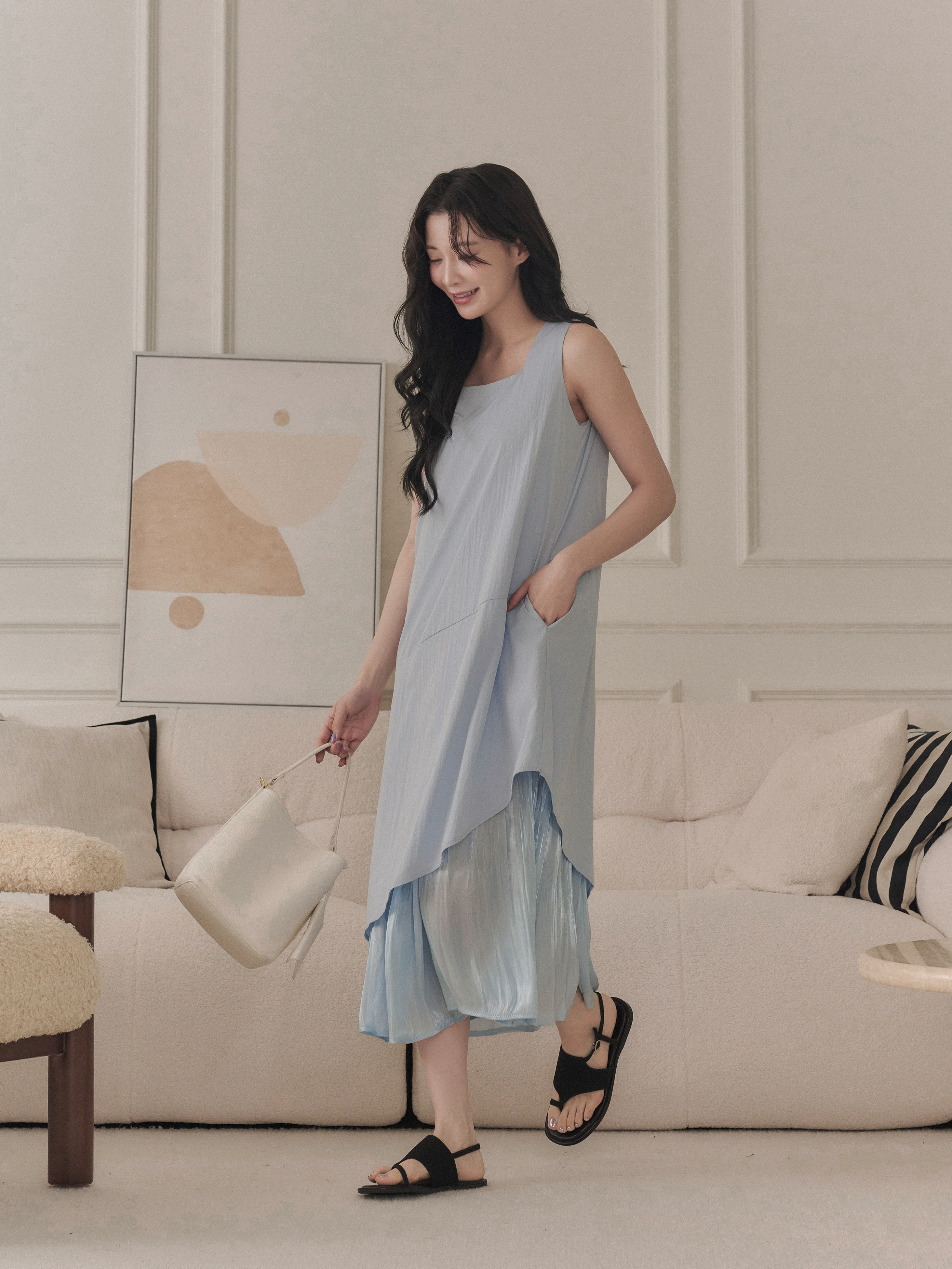 設計款 輕柔方領雙層長洋