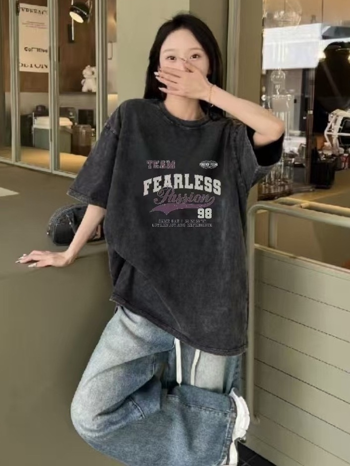 美式紫色英文水洗上衣