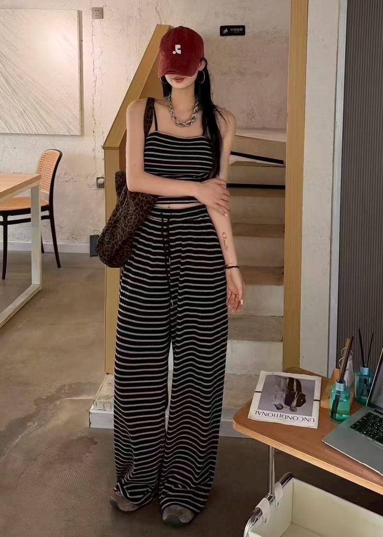 細肩側皺條紋罩杯背心+條紋長褲