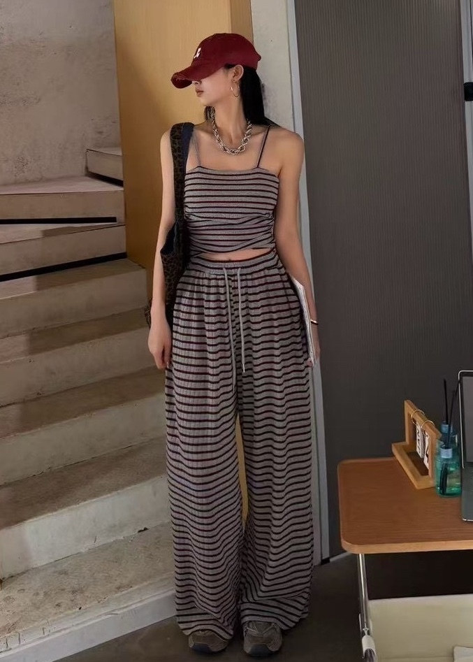 細肩側皺條紋罩杯背心+條紋長褲