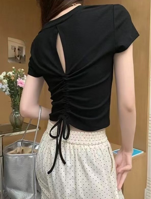 背抽繩簍空素面棉質上衣