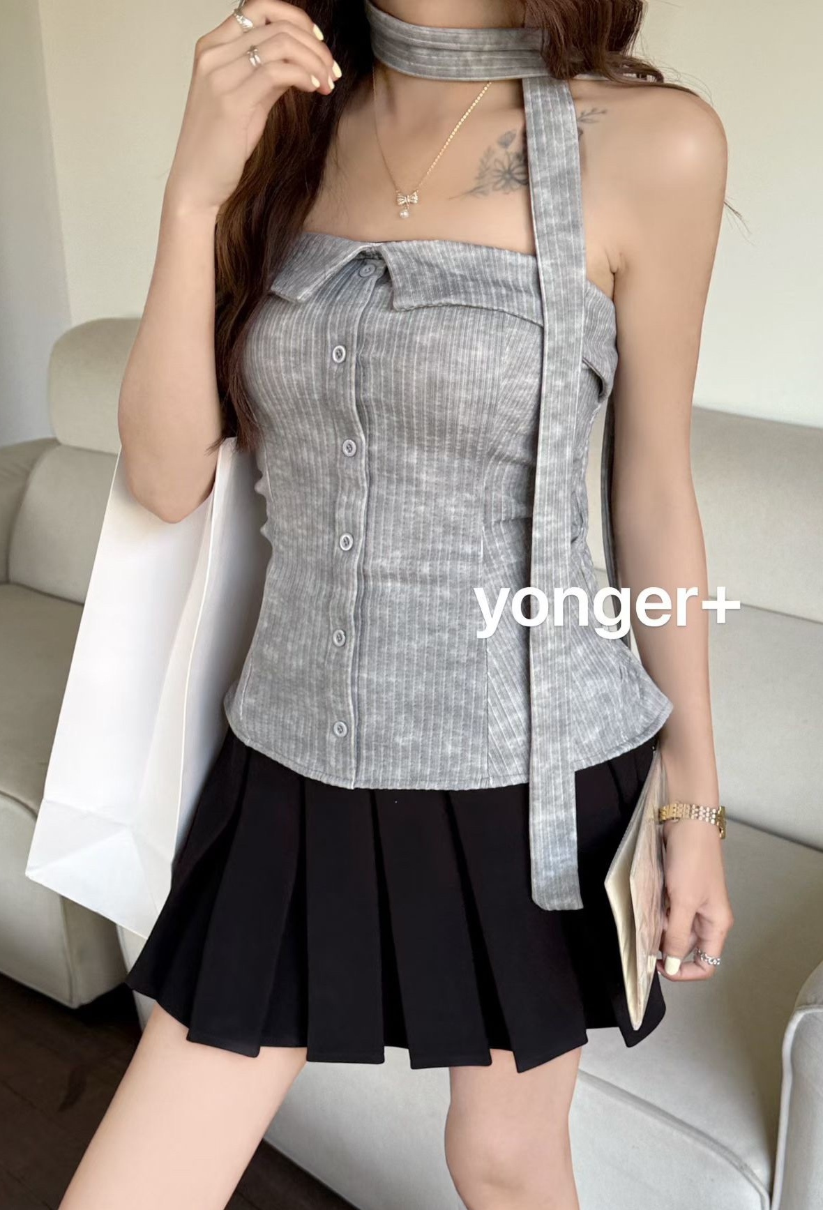 平口扭釦渲染直紋背心+繞脖
