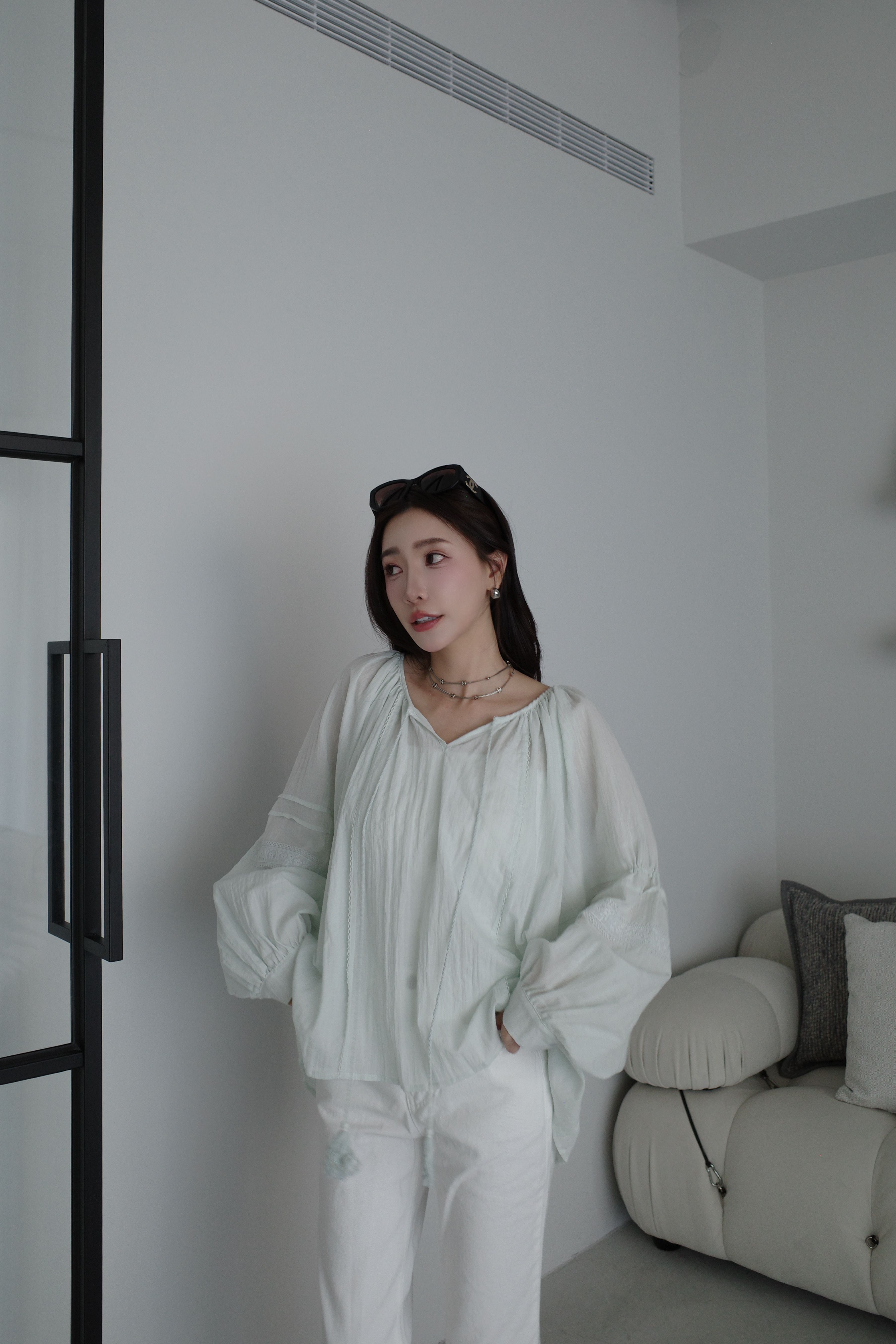 (預購)#AO09 波西米亞流蘇澎袖上衣(綠/白/藍)