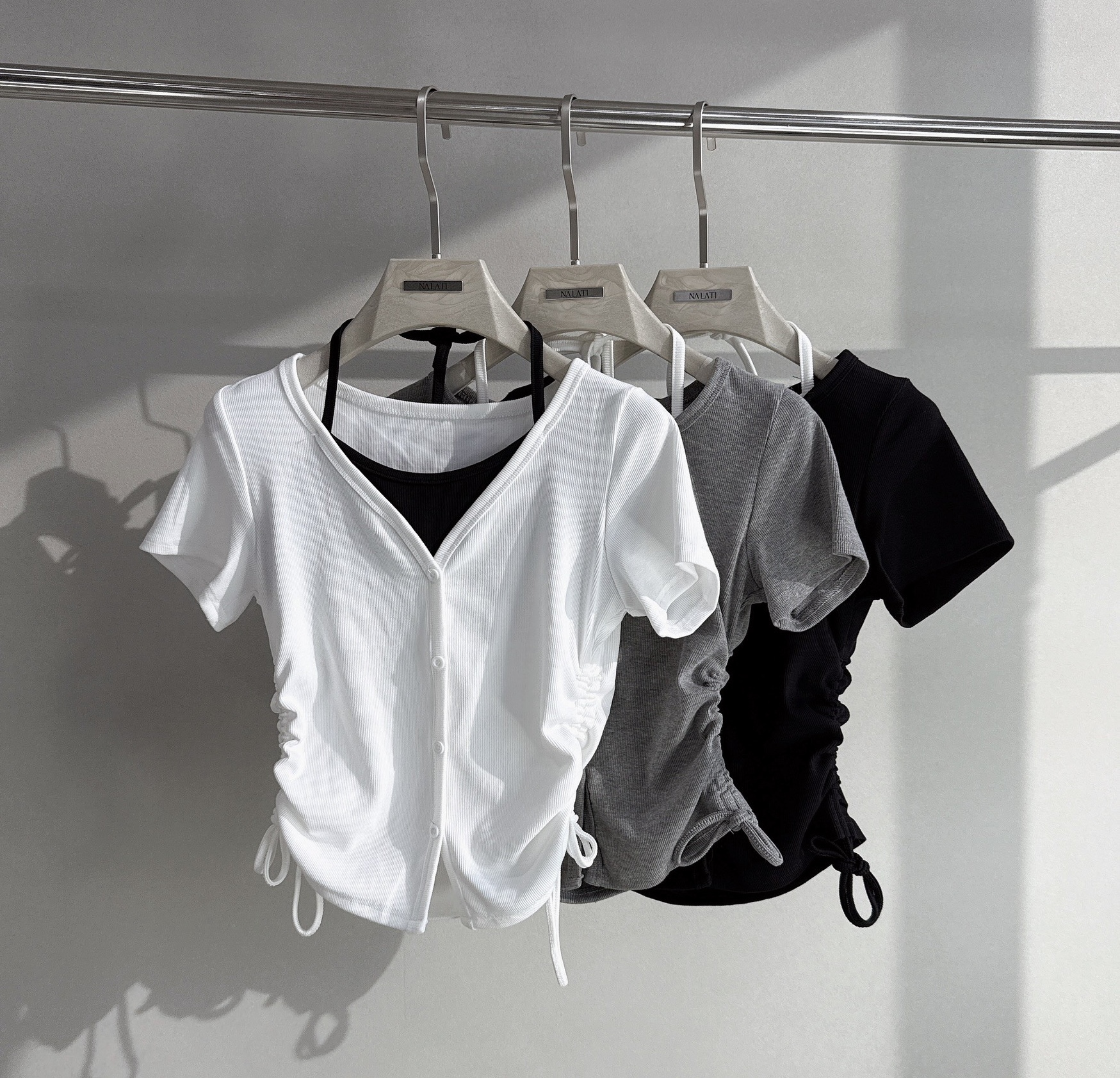 兩側抽繩拼接配色扭釦棉質衣