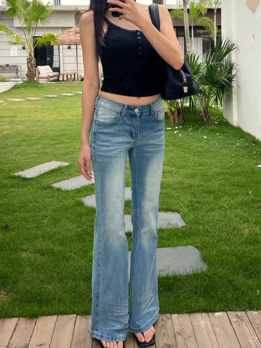 中低腰辣妹微喇叭褲-白冰藍