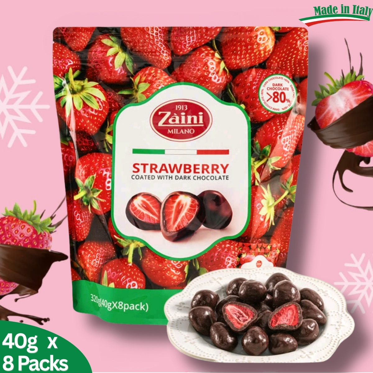 Zaini - 冷凍乾燥草莓夾心黑朱古力 濃醇黑巧, 320g (40g×8)