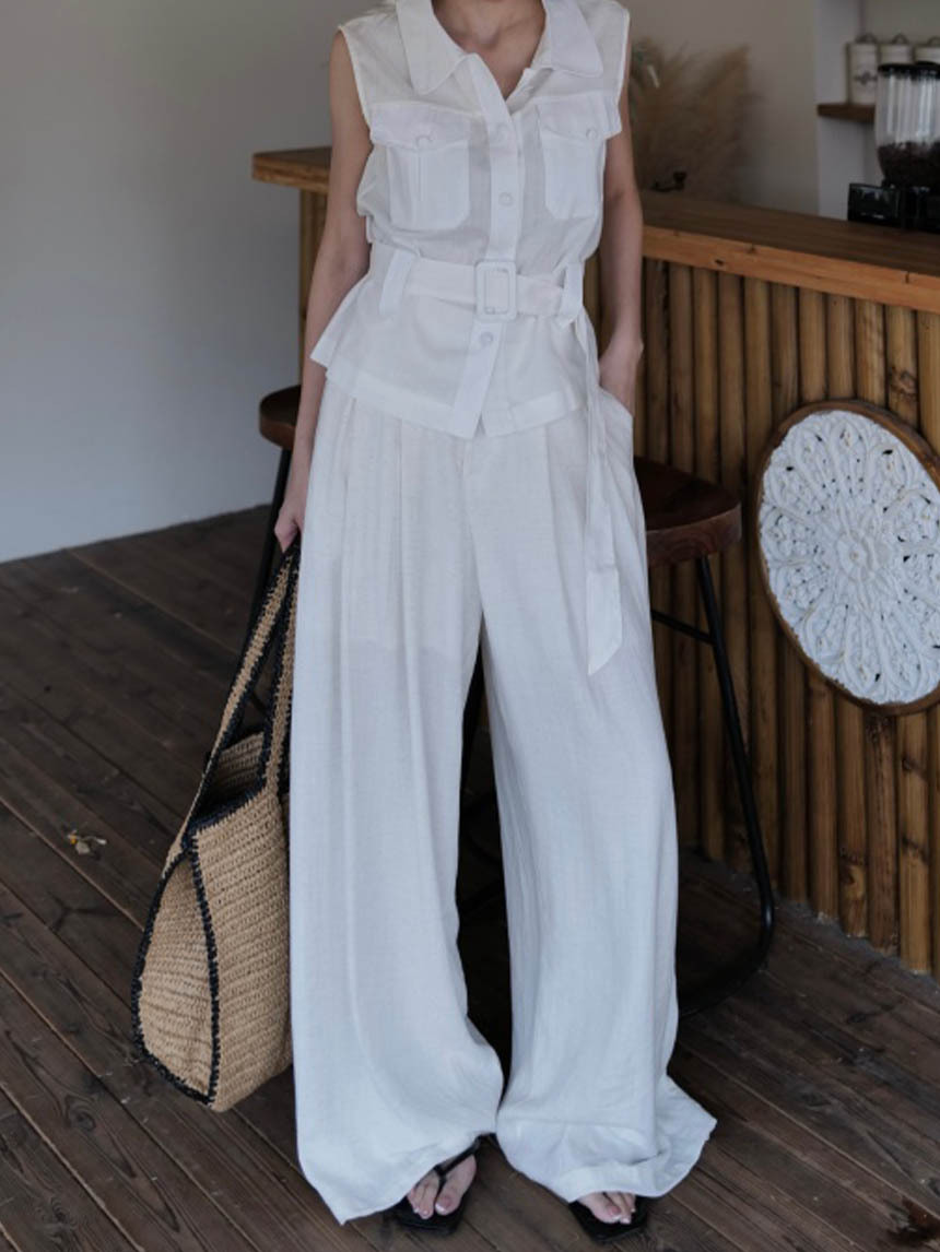 無褲頭亞麻料長褲*2色