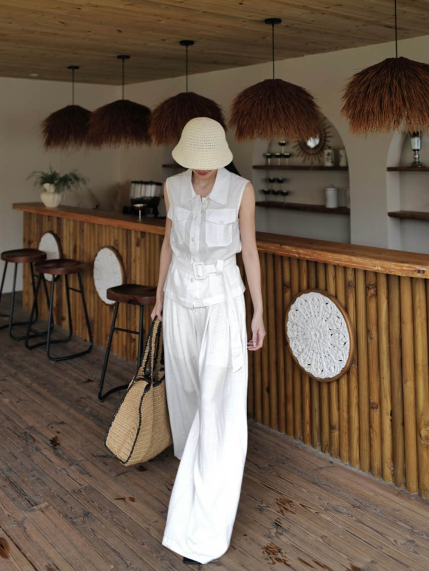 無褲頭亞麻料長褲*2色