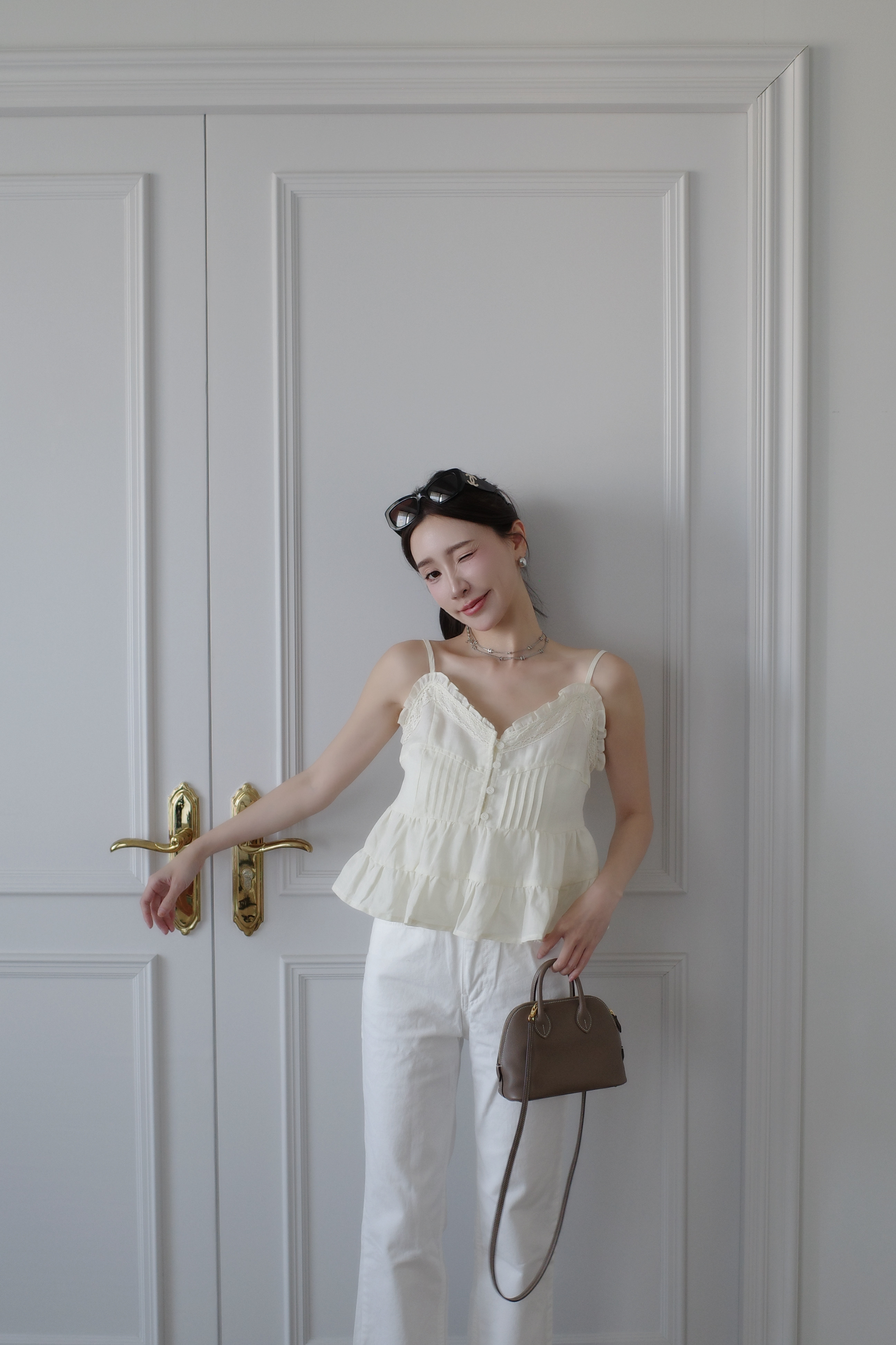 (預購)#AO41 棉麻荷葉細帶上衣(白/黃)