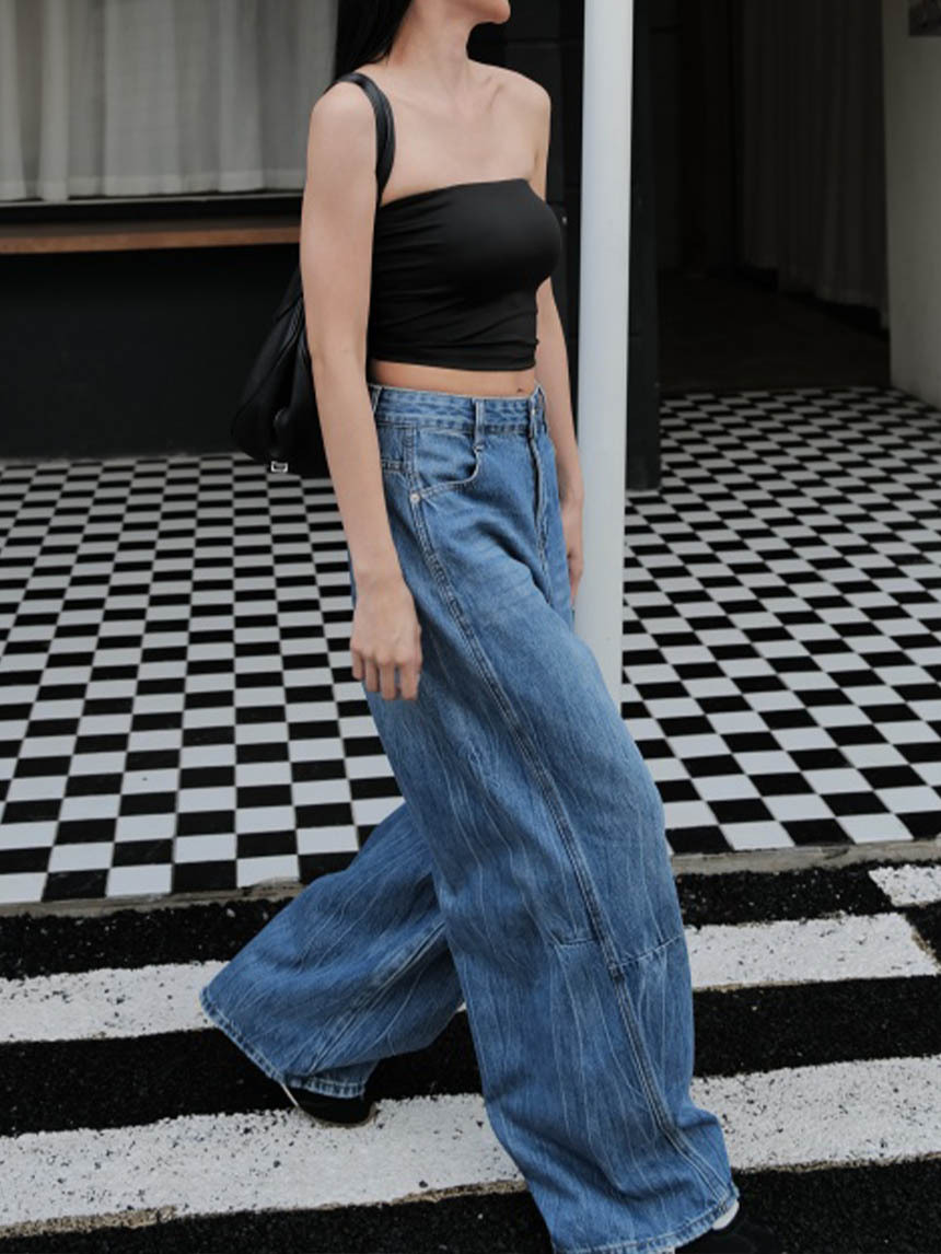 彎刀闊腿牛仔褲-藍