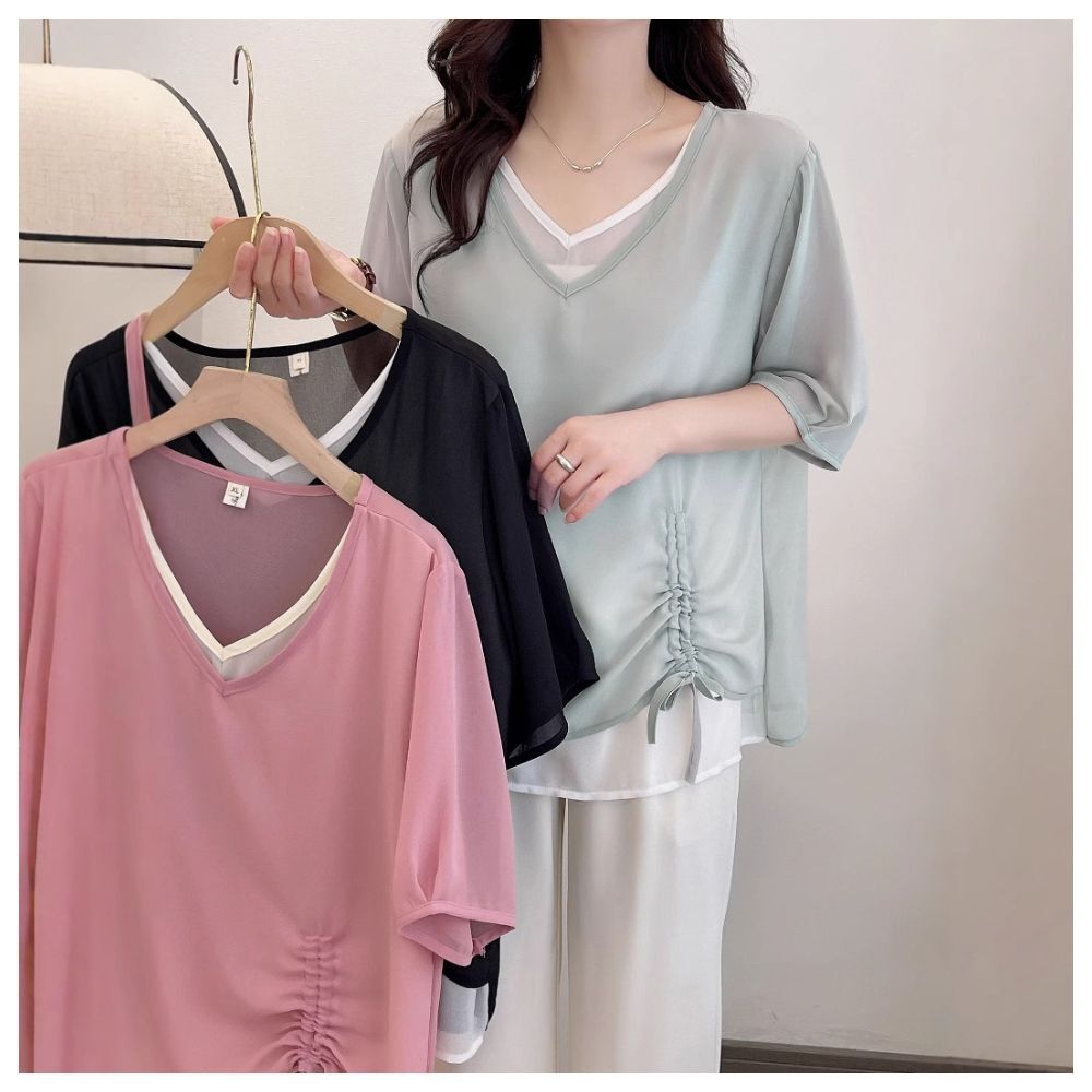 【ASister 小姊姊】AS1552#大尺碼上衣☆雪紡*V領假兩件綁帶*Plus+短袖上衣(3色 XL-4XL K73 466)