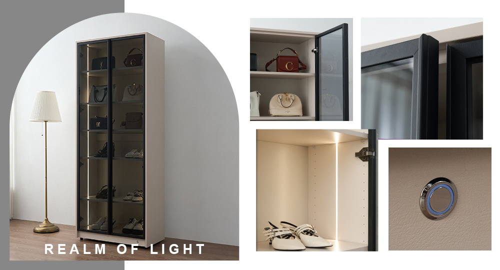 無段式LED燈調光展示櫃裡放了精品包包和鞋子