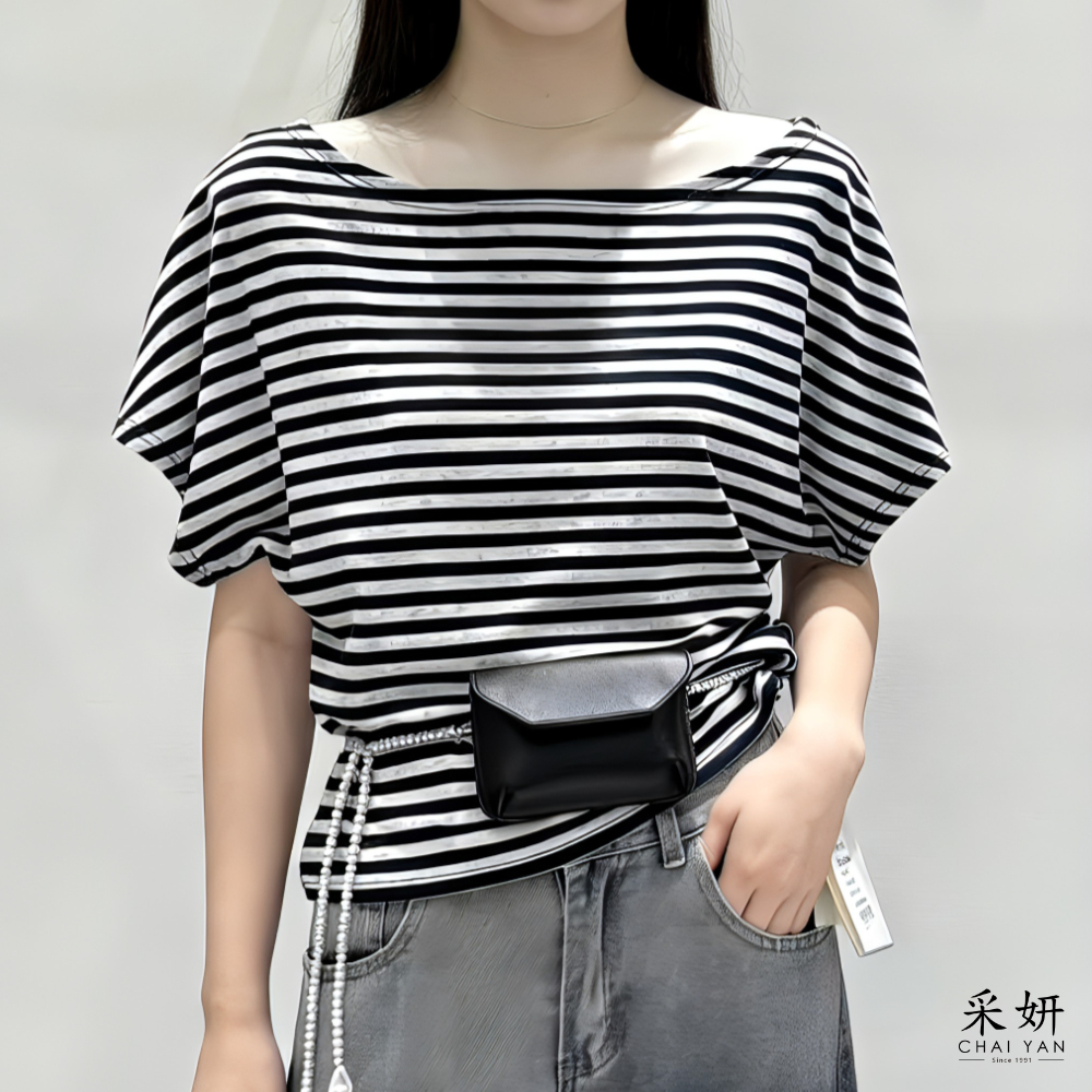 交錯條高彈短袖上衣
