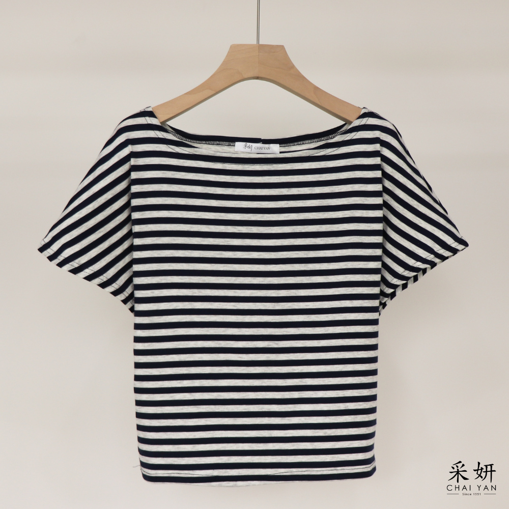 交錯條高彈短袖上衣