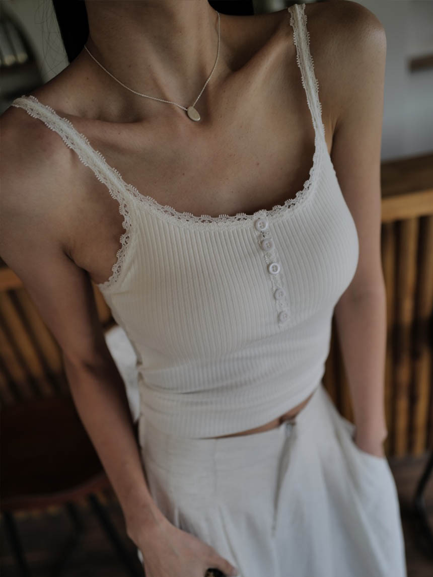 附胸墊鈕釦花邊螺紋美背*3色