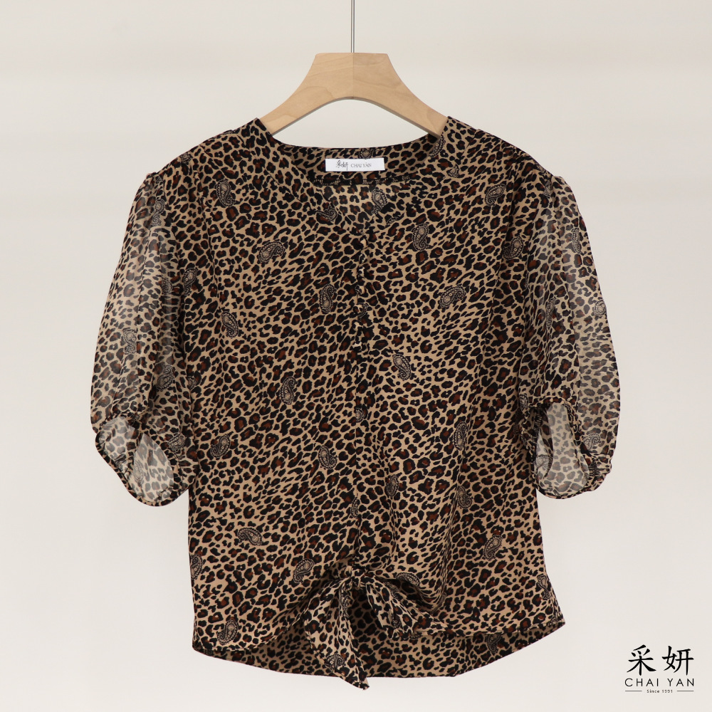 綁帶豹紋透氣短袖上衣