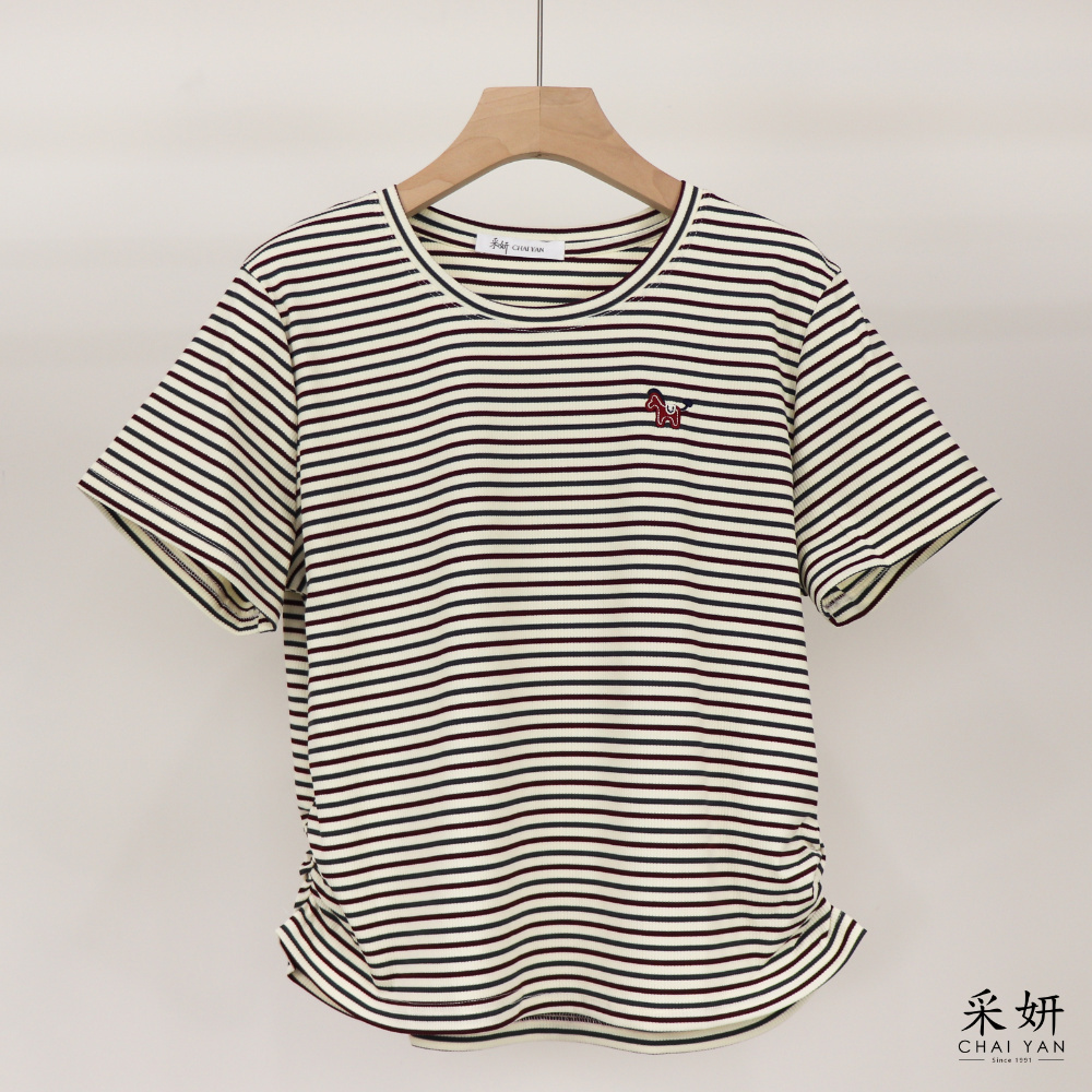 小馬刺繡橫條短袖上衣