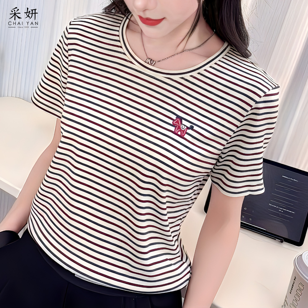 小馬刺繡橫條短袖上衣