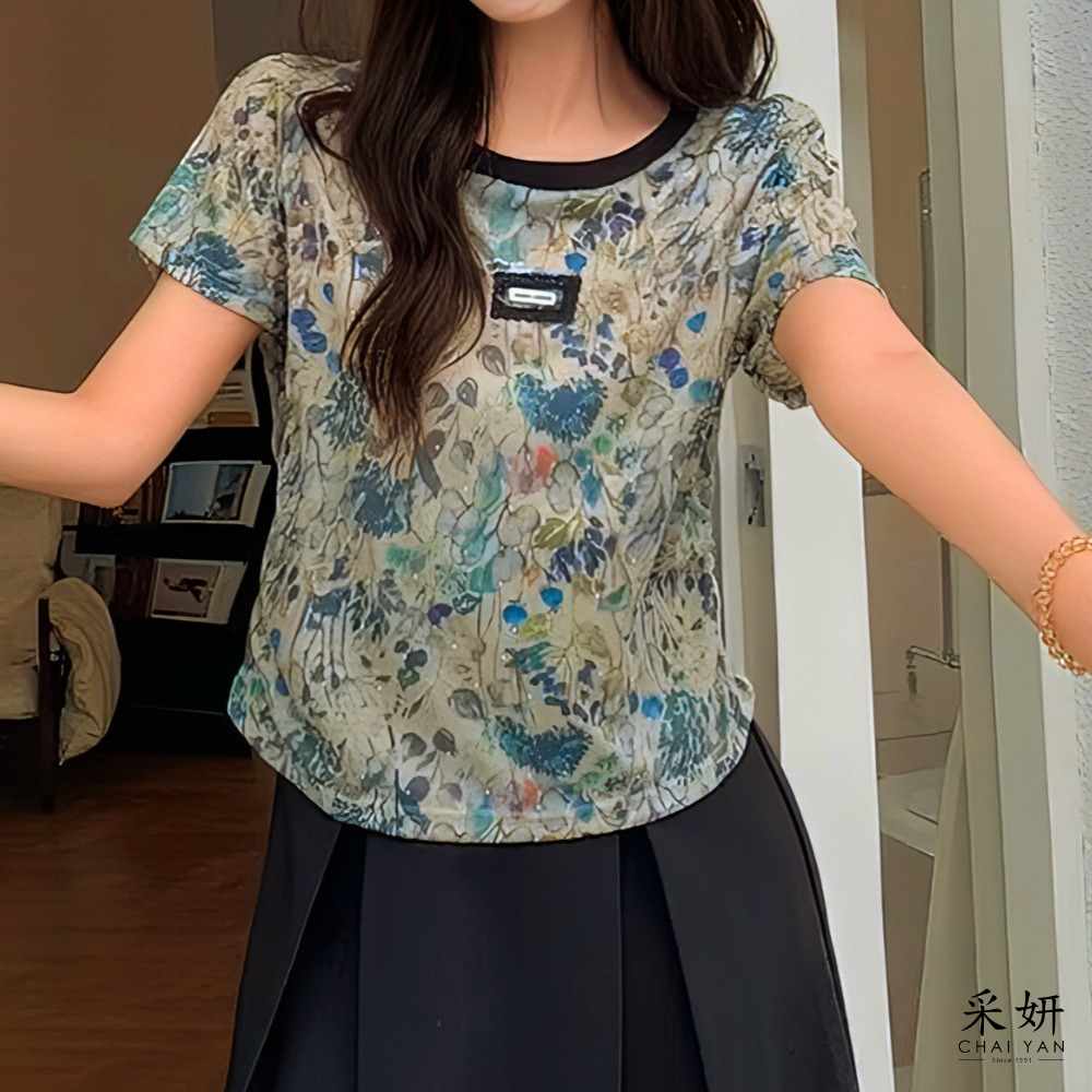 藍花網紗短袖上衣