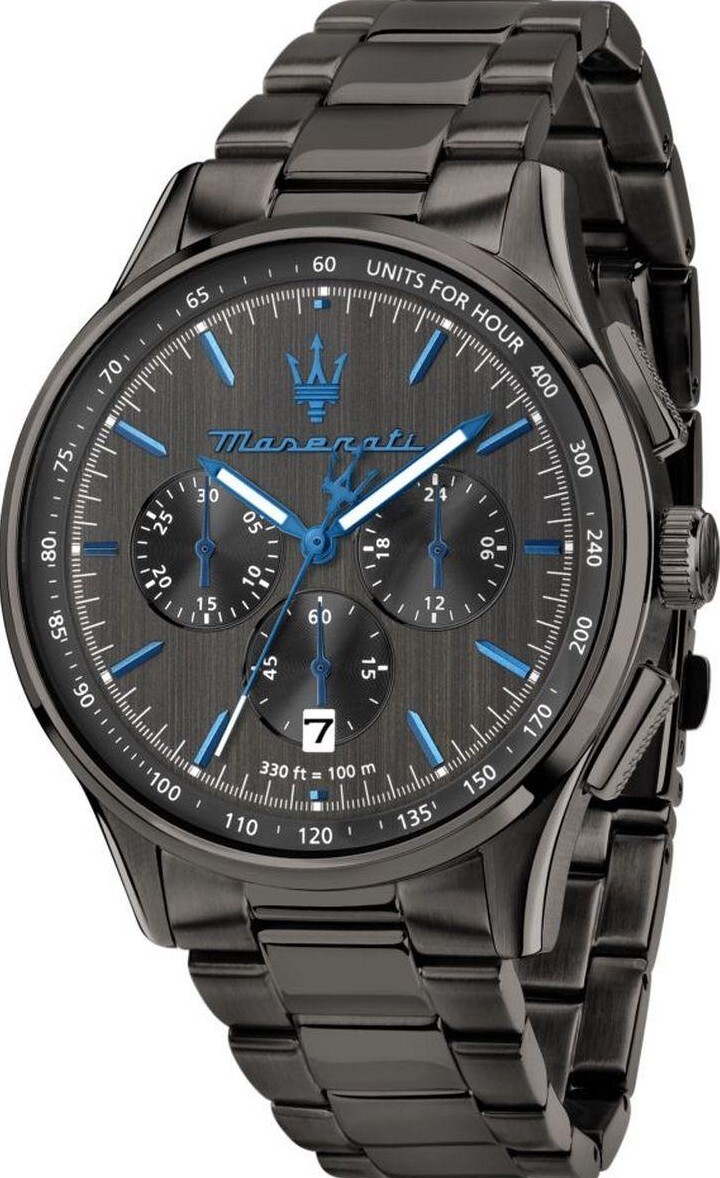 MASERATI 瑪莎拉蒂  全黑款藍色指針三眼計時石英男錶  R8873654002  錶徑: 43MM