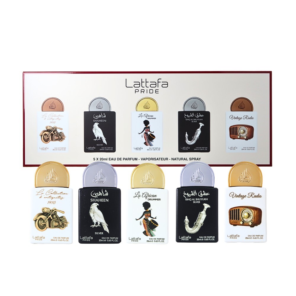 Lattafa 五號香氛收藏淡香精禮盒(銀色獵鷹(銀隼)+收藏系列 古董1910+復古收音機+酋長之愛銀色版+非洲鼓手) 20ml X 5