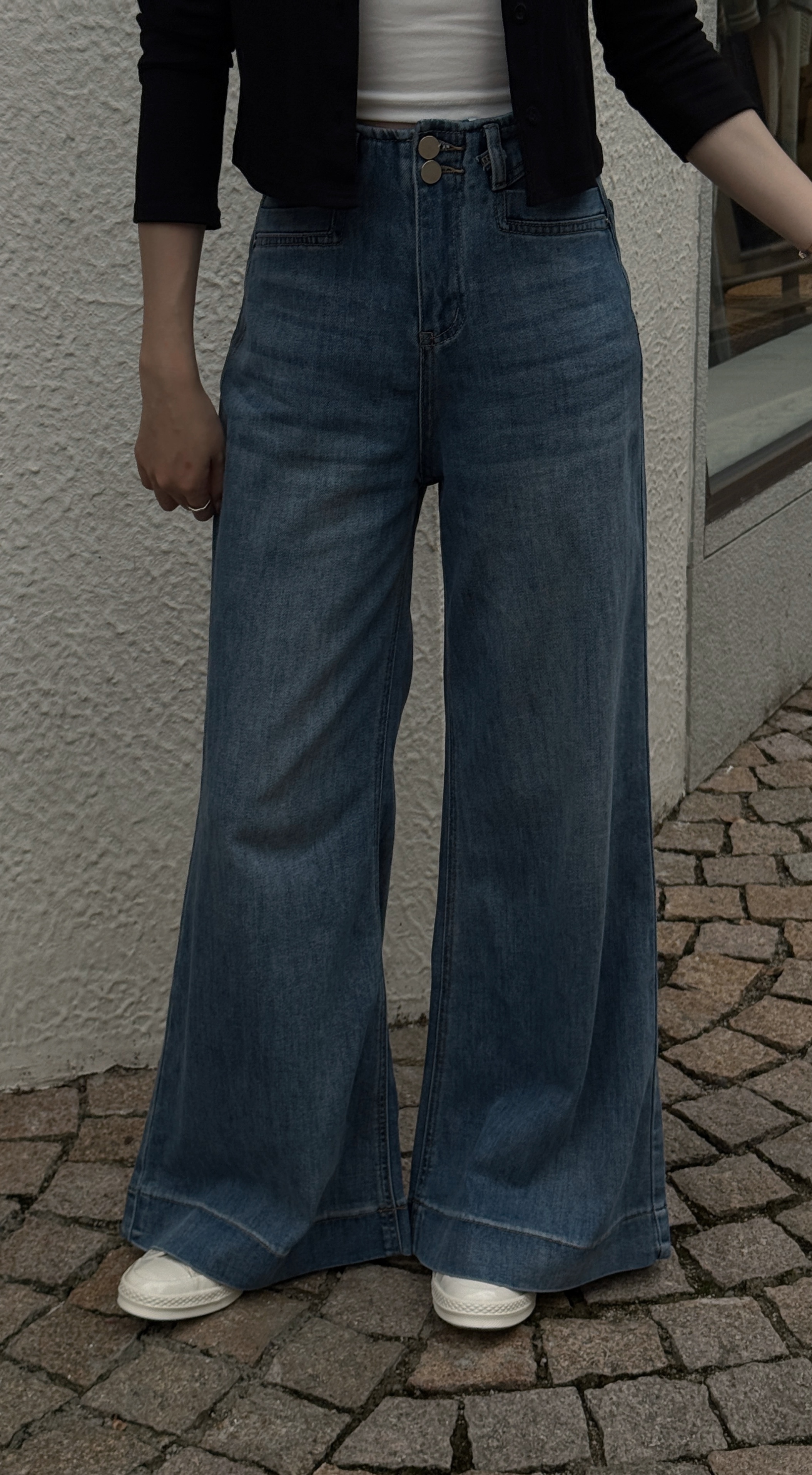 高腰排釦深藍大寬褲