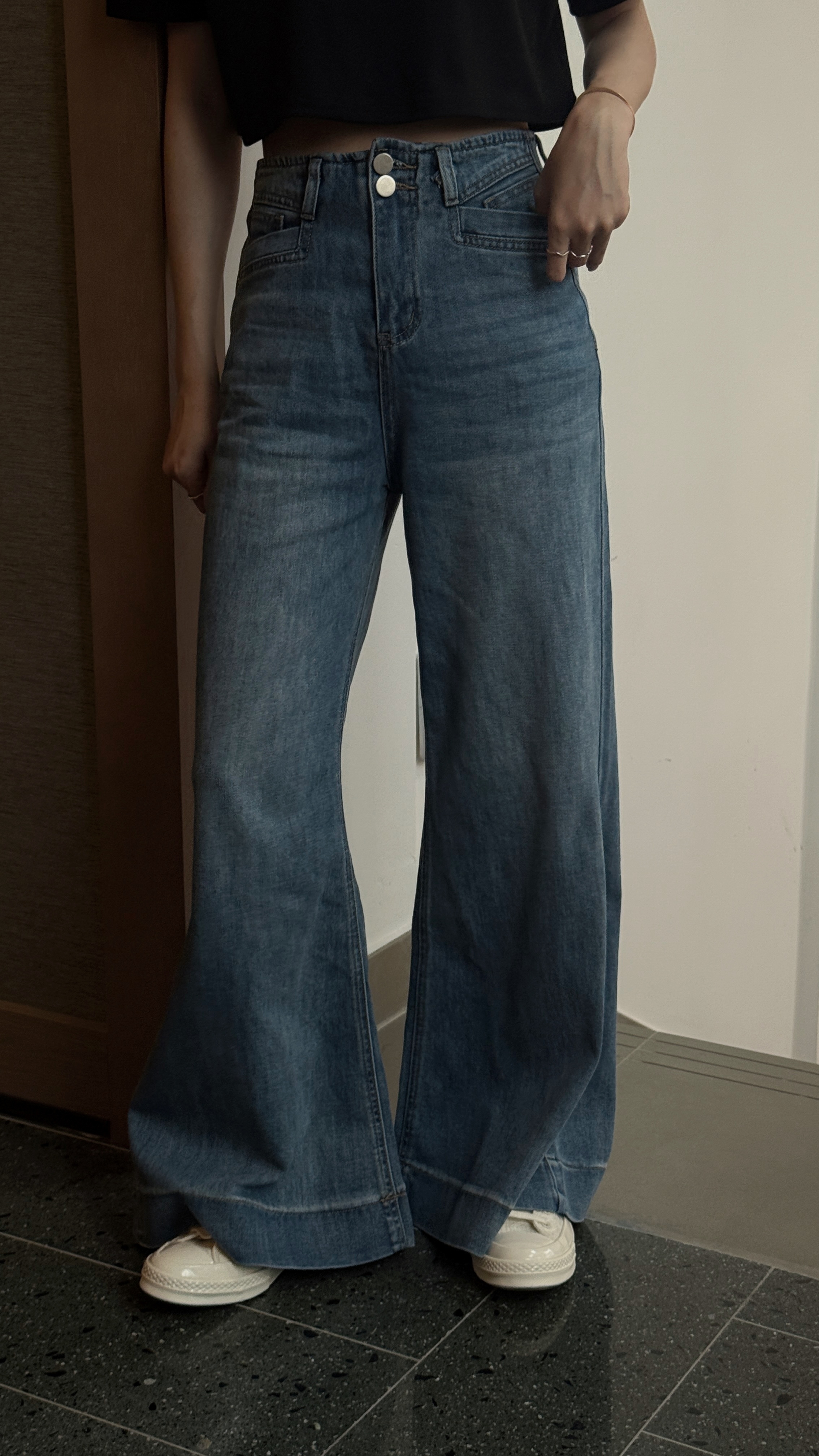 高腰排釦深藍大寬褲