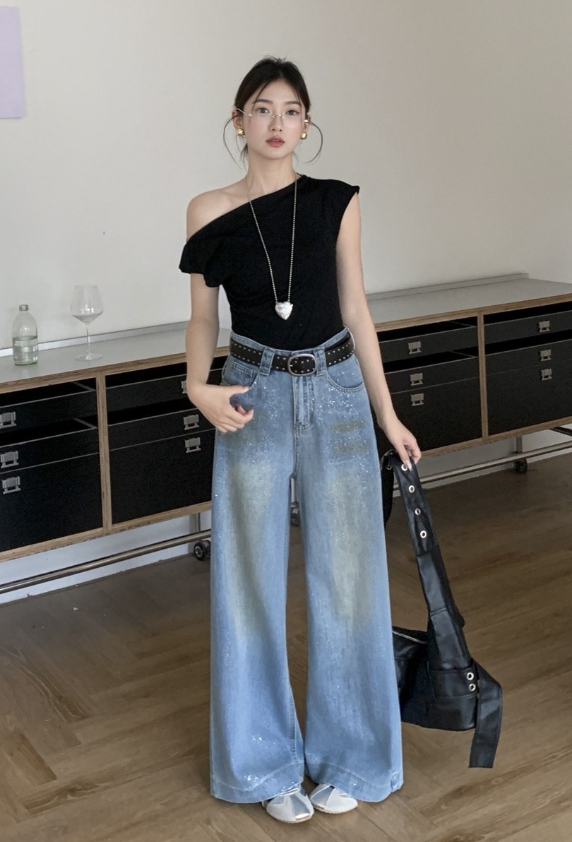 細閃復古刷色牛仔寬褲 1036