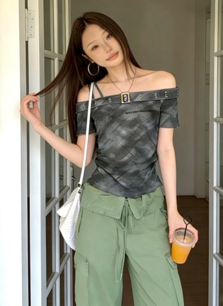 單邊雙肩釦環暈染菱格衣