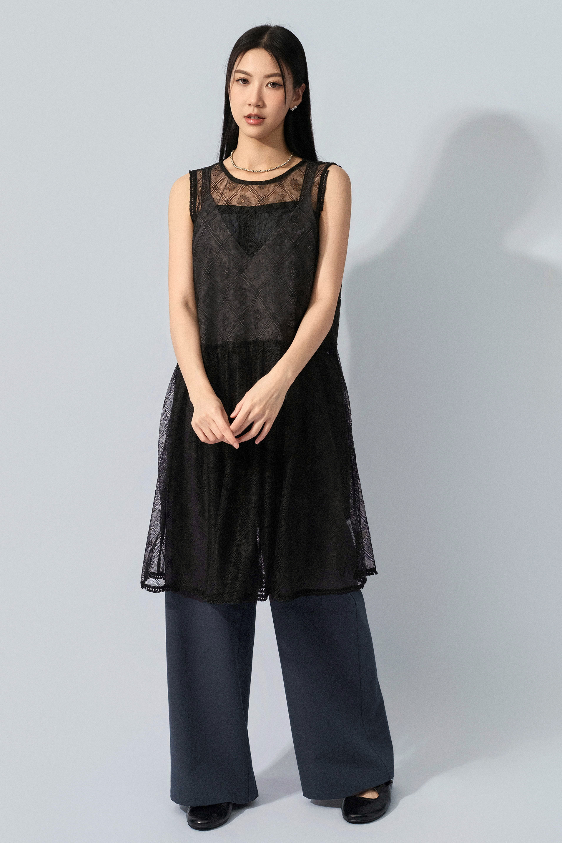 格紋蕾絲網連身裙 (預購產品）