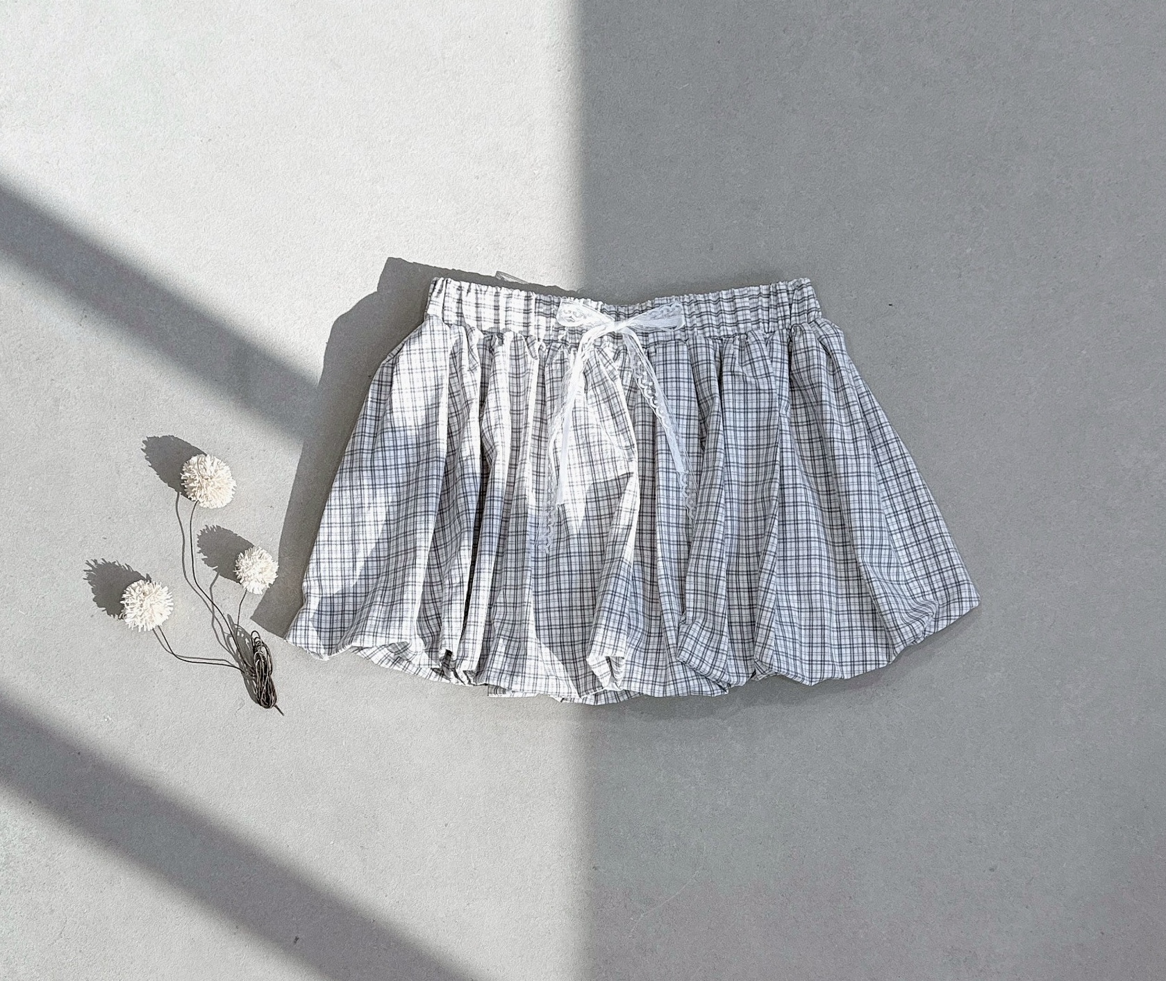 蕾絲緞帶抽繩格紋花苞褲裙