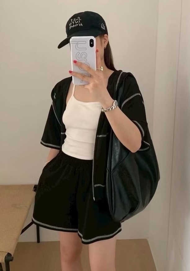 雙拉鍊車線連帽外套+車線短褲