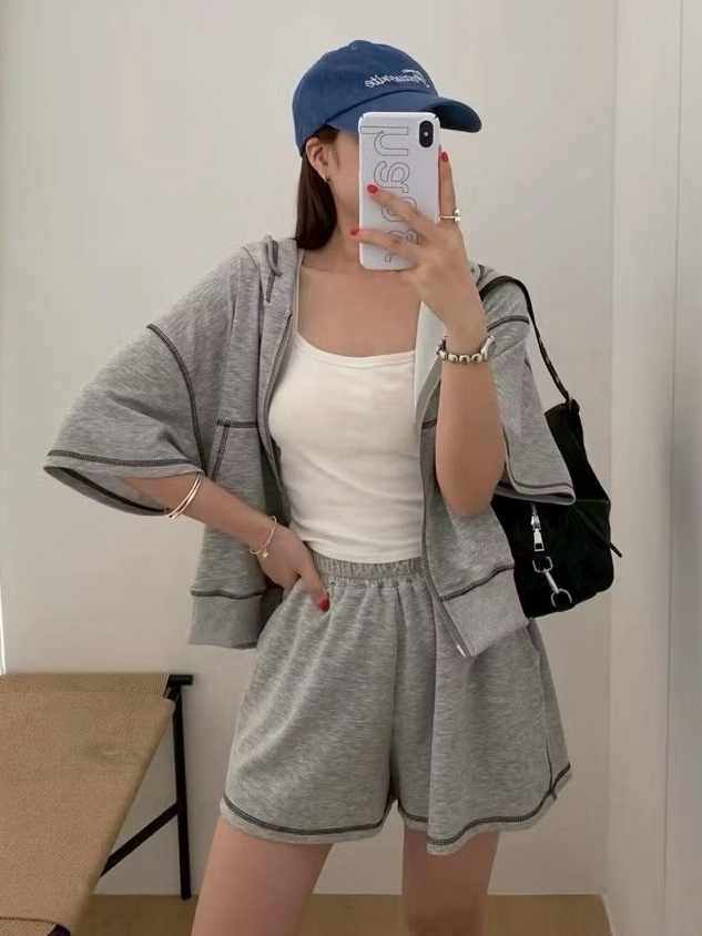 雙拉鍊車線連帽外套+車線短褲